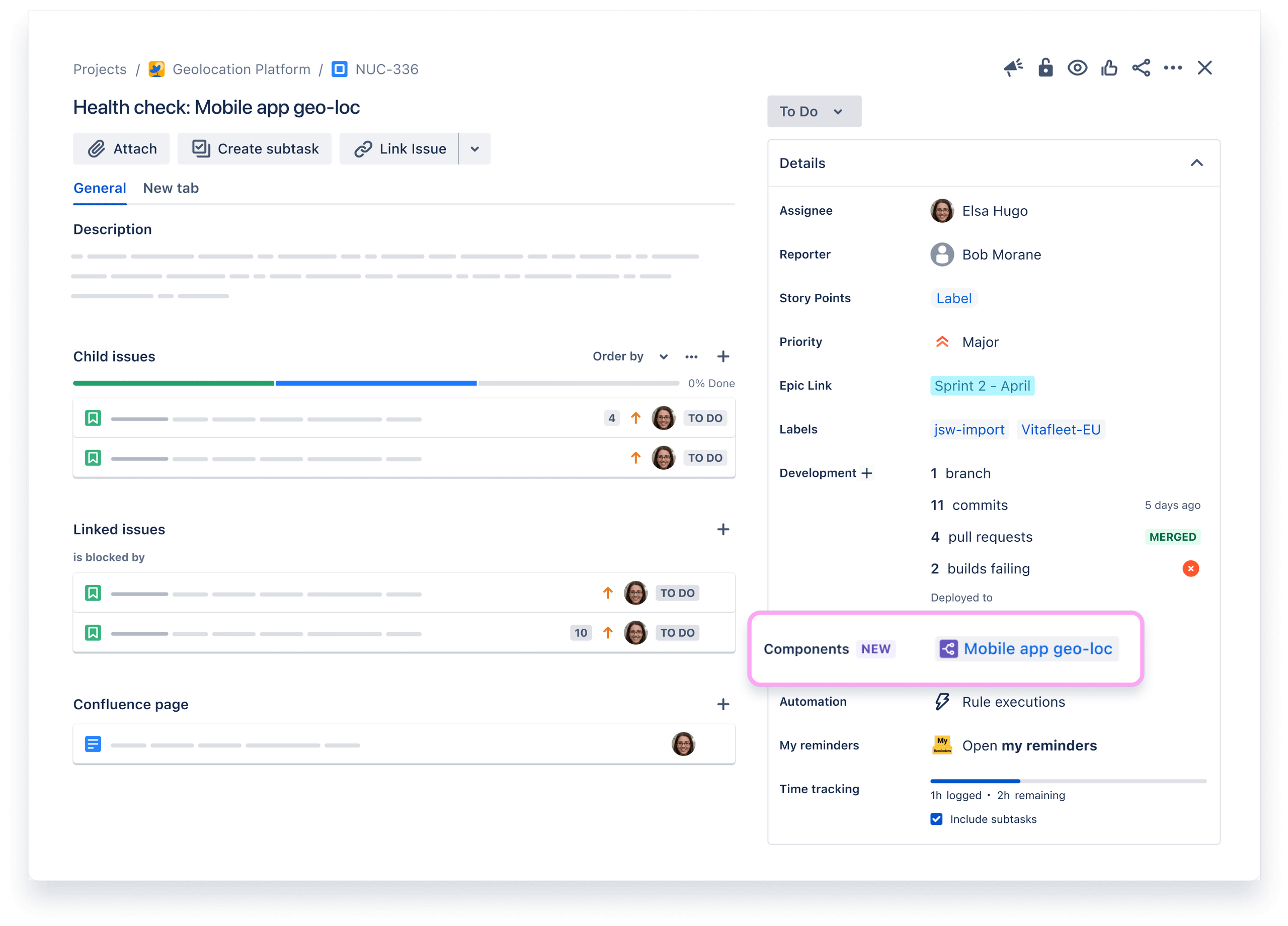 Visualizzazione ticket di Jira con in evidenza il componente Compass con tag al campo Componente