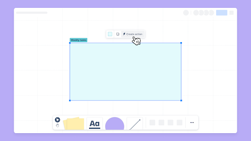 Mouse over "Create action" button in whiteboard screenshot.