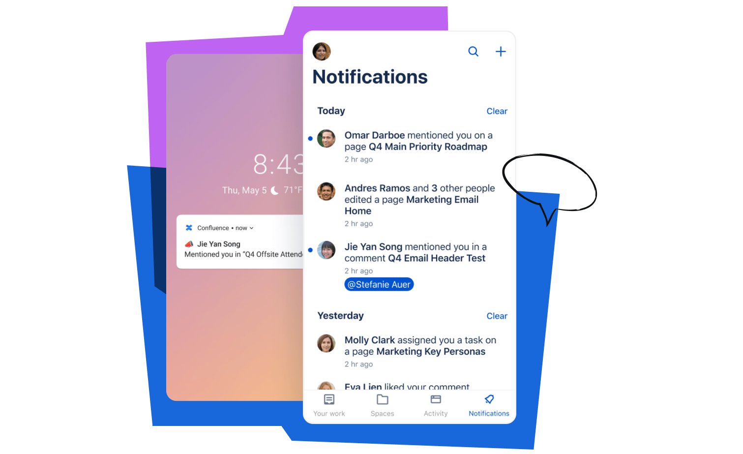 Example notifications screen in Confluence Mobile