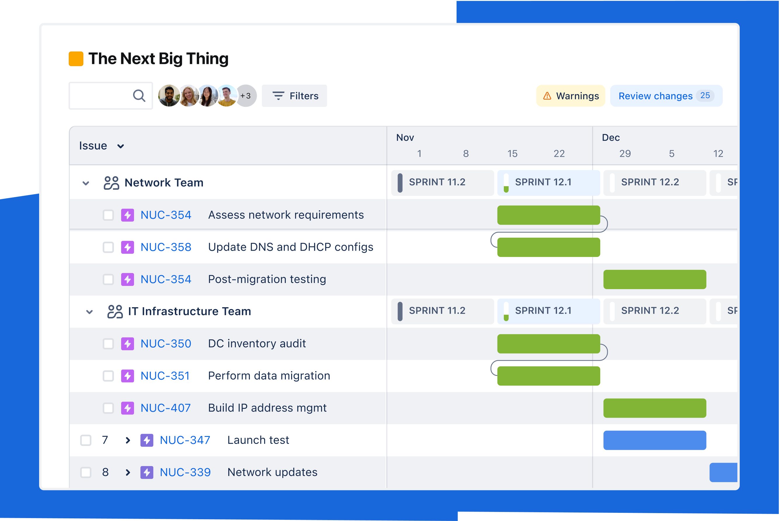 Calendar view of a Jira project depicting overlapping tasks from different teams to prepare for a Marketing launch.