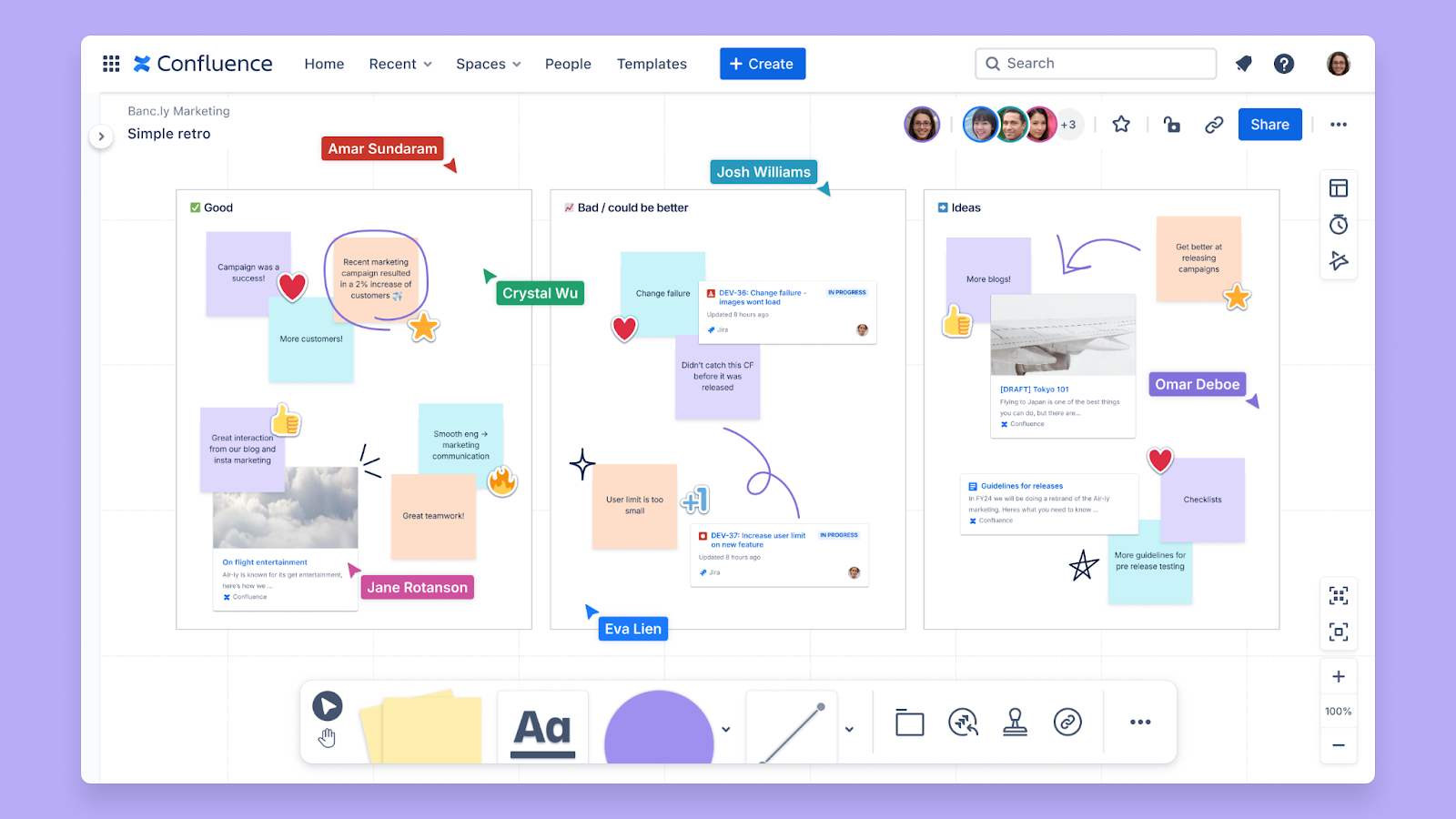 Confluence whiteboard exaple of a simple retro template.