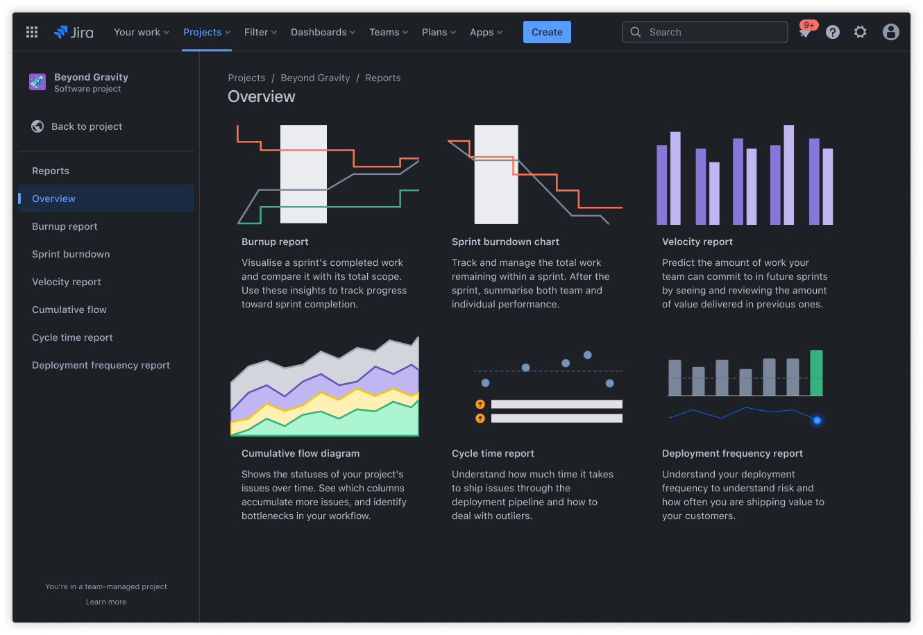 Jira darkmode overview view screenshot.