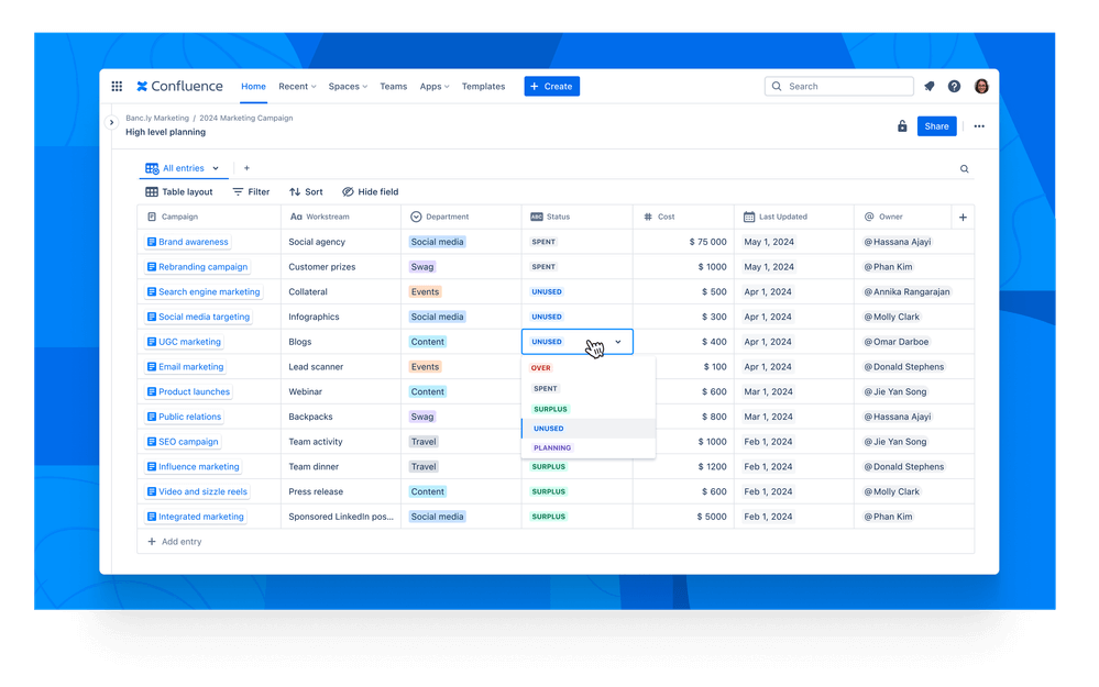 Confluence databases screenshot.