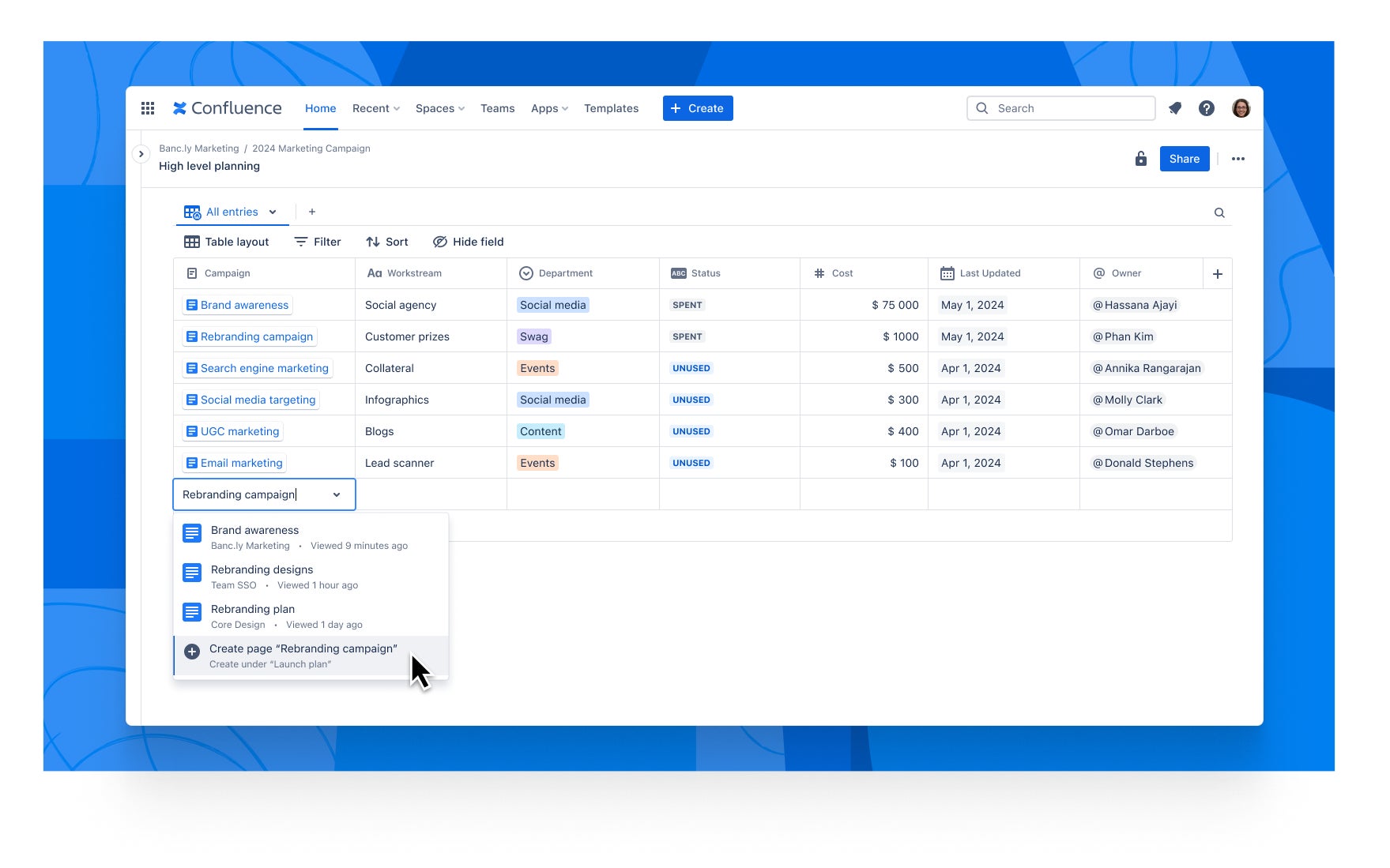 Confluence databases page fields screenshot.