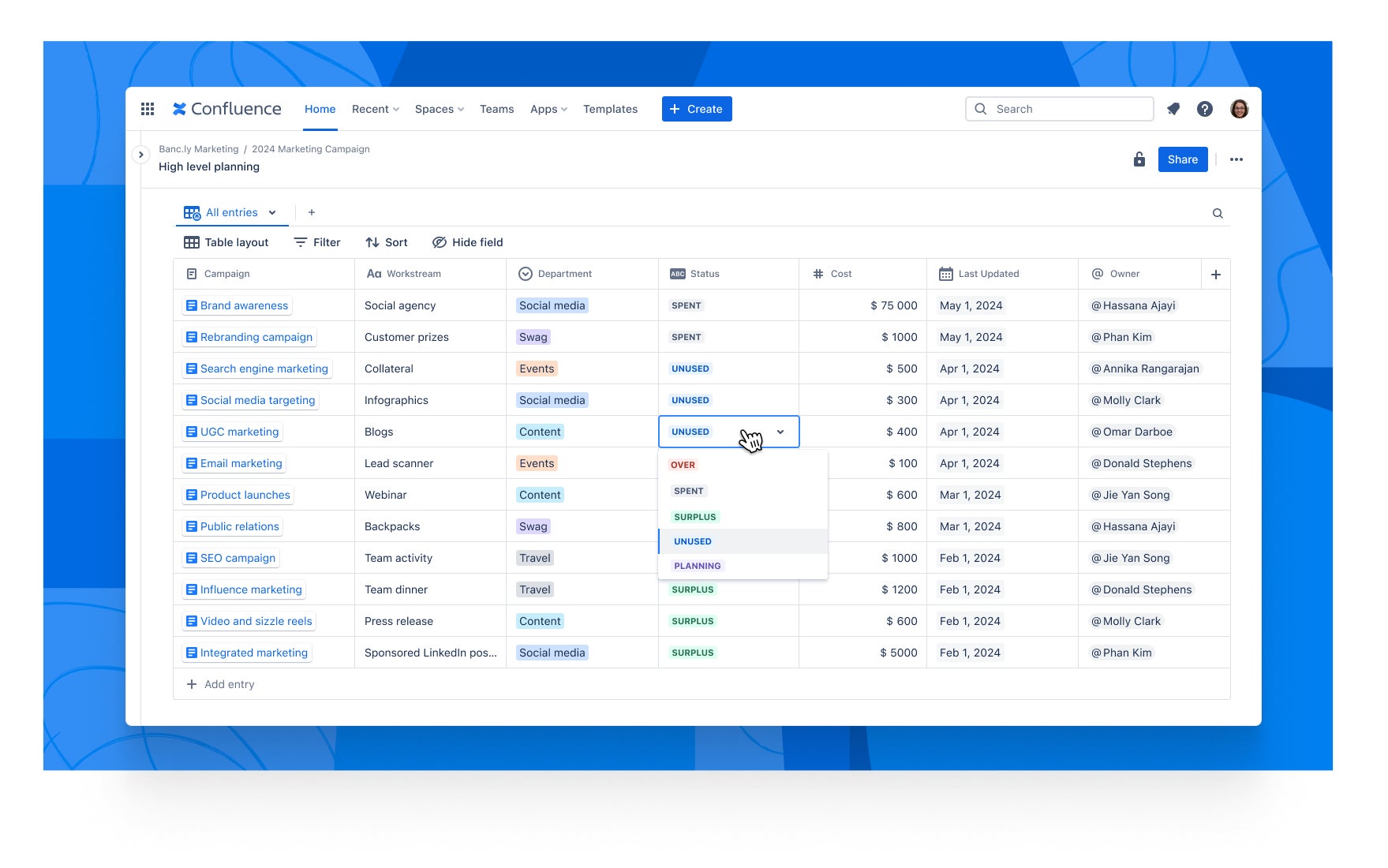 Confluence databases screenshot.