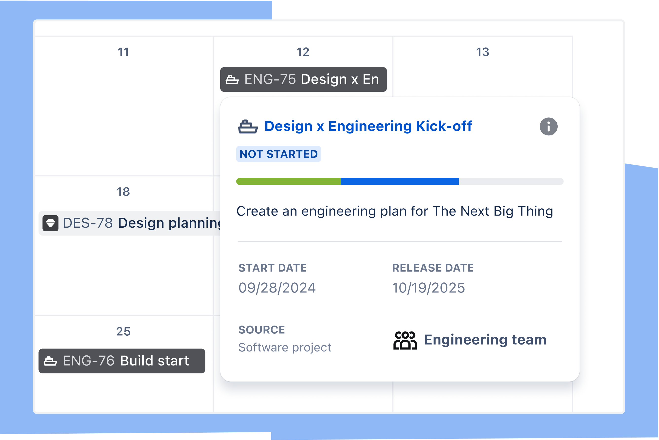 Calendar view of a Jira project depicting overlapping tasks from different teams to prepare for a Marketing launch.