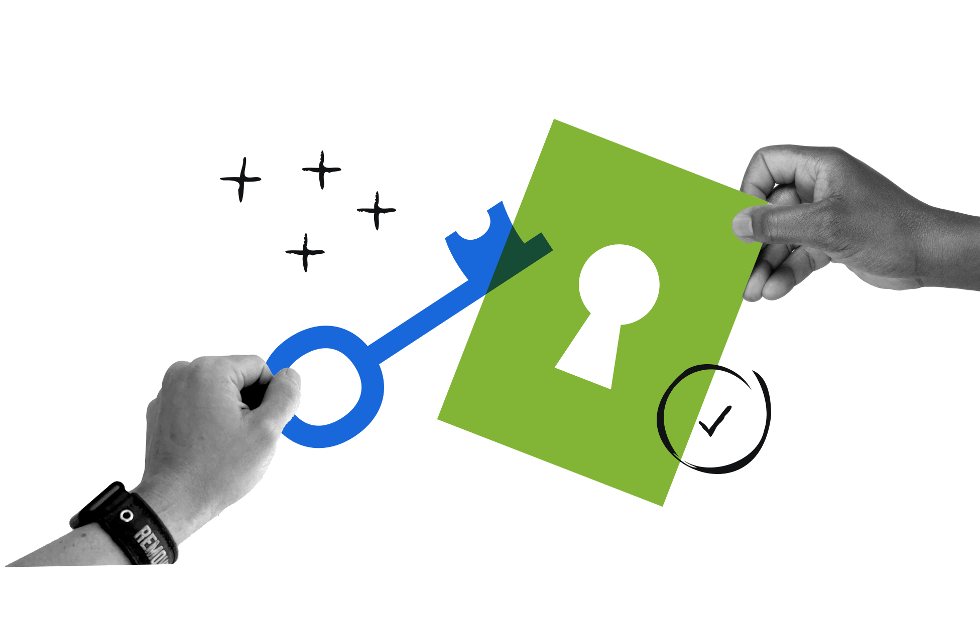 Illustration of a hand holding a key toward a lock