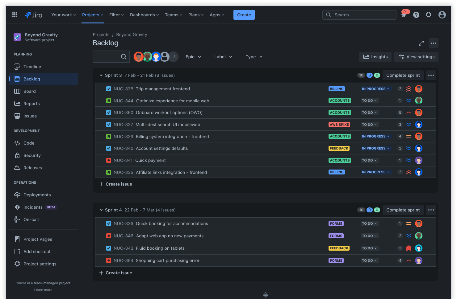 Jira darkmode backlog view screenshot.