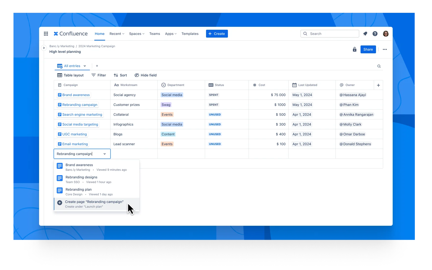 Create page from confluence table